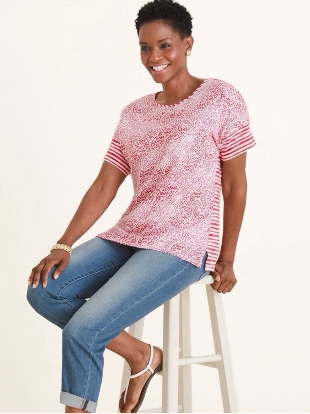 Chico's Pink Printed Short-Sleeve Tee boho and striped